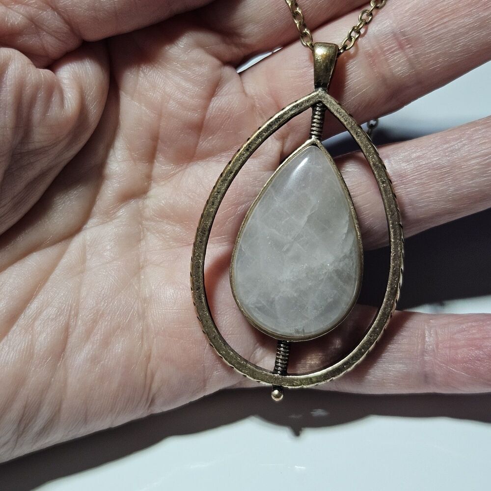 Stella & Dot Brass Tone Rose Quartz Teardrop Pendant Chain Necklace 36-39" - Picture 2 of 13